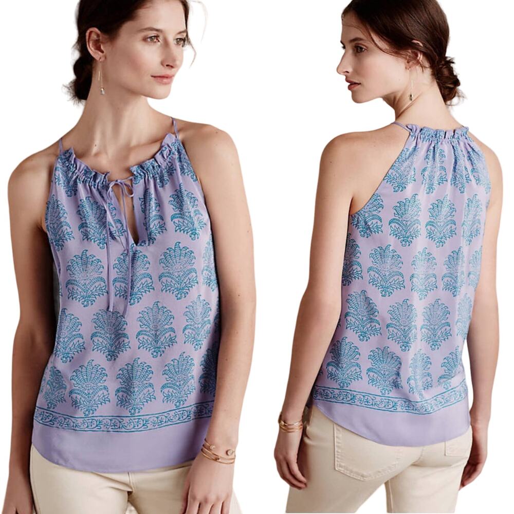 Anthropologie HD In Paris Lilac Silk Swing Top Blue Boho Floral Print Womens 0P